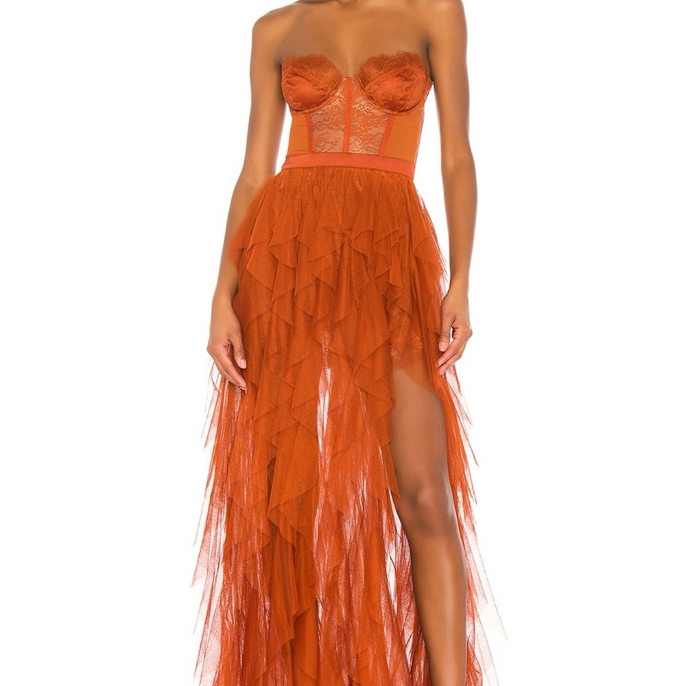 For Love And Lemons Orange Strapless Tiered Gown